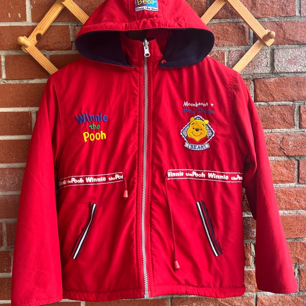 Vintage Kids Reversible Winnie the Pooh Jacket Red and Navy Blue Fleece